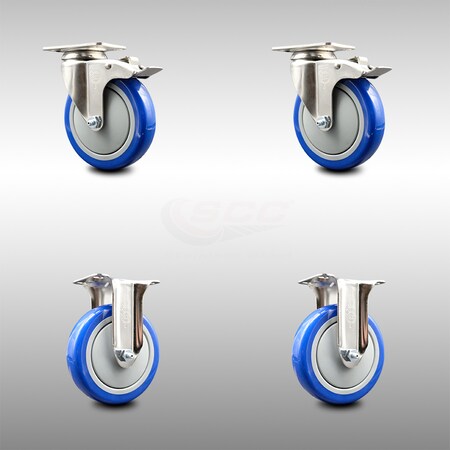 Service Caster 5 Inch 316SS Blue Polyurethane Swivel Top Plate Caster Lock Brake 2 Rigid, 2PK SCC-SS316TTL20S514-PPUB-BLUE-2-R-2